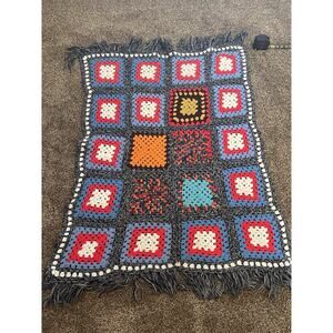 Afghan Blanket 52” x 34” Handmade Granny Squares Crochet Throw Fringed Edges